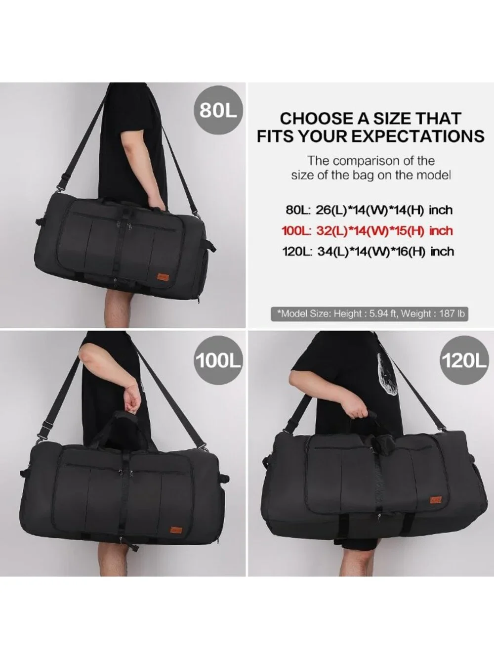 Extra Large 100L Waterproof Foldable Duffle Bag with Shoe Compartment - Gym